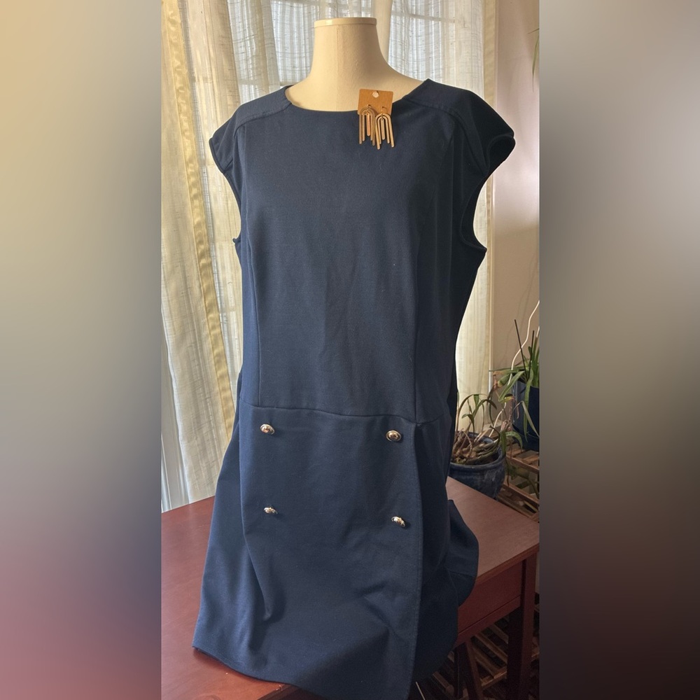 NYC Navy Sleeveless Shift Dress with Gold Button Accents - Picture 3 of 8